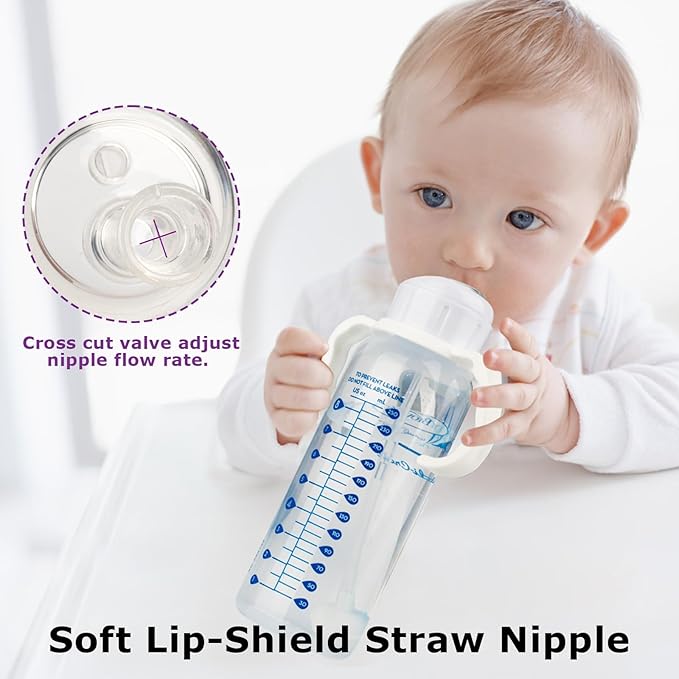 Straw Cup Conversion Kit for Dr Browns Narrow and Narrow Glass Baby Bottles, Weighted Straw Replacement Kit with Soft Straw Top and Handle,6m+,Set of 2