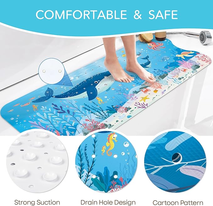 SHUCHING Baby Bath Mat for Tub Non Slip-40 X 16 Inch, Bathtub Mat Non Slip for Kids, Toddler Long Shower Mat for Bathroom, Whale