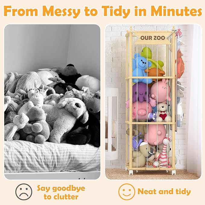 SANXUO Wooden Stuffed Animal Storage Organizer,Hanging & Rolling Toy Storage,Space-Saving Plush Zoo Cage Holder for Kids’Bedroom, Nursery, Playroom,White Elephant Gifts for Boys & Girls