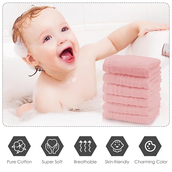 Cute Castle 12 Pack Muslin Baby Washcloths - Large 12'' by 12'' - Ultra Soft 100% Cotton - Super Absorbent Burp Cloths for Unisex, Boy, Girl -Pink