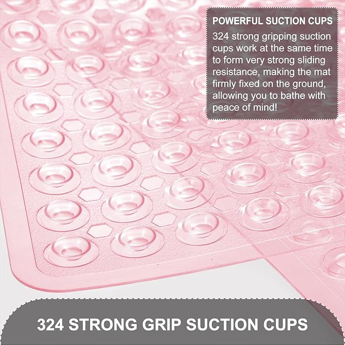 TEESHLY Bath Mat for Tub & Shower, Non Slip Soft Bathmat with Suction Cups & Drain Holes, Machine Washable Bathtub Floor Liner Mats for Bathroom, 35x16 Inch, Clear Pink