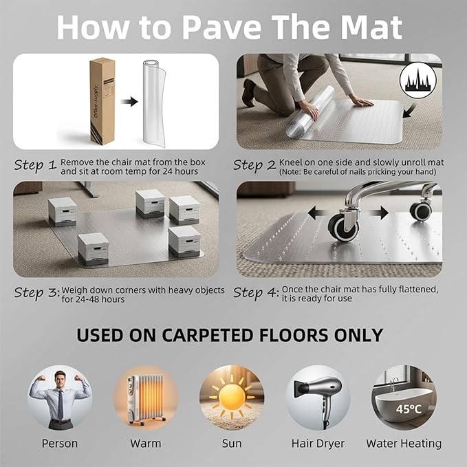 Office Chair Mat for Carpet: 30" x 48" Plastic Heavy Duty Computer Desk Mats for Low Flat and No Pile Carpeted Floor - Clear Rug Pad for Rolling Chairs Office Work Home Gaming Rectangle