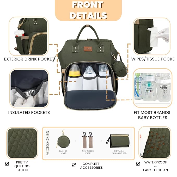 ROSEGIN Diaper Bag Backpack with Changing Pad, Pacifier Case, Baby Bag for Boy Girl Toddler - Large, Stylish, Waterproof Travel Quilted Diaper Bag for Mom - Baby Shower - Army Green
