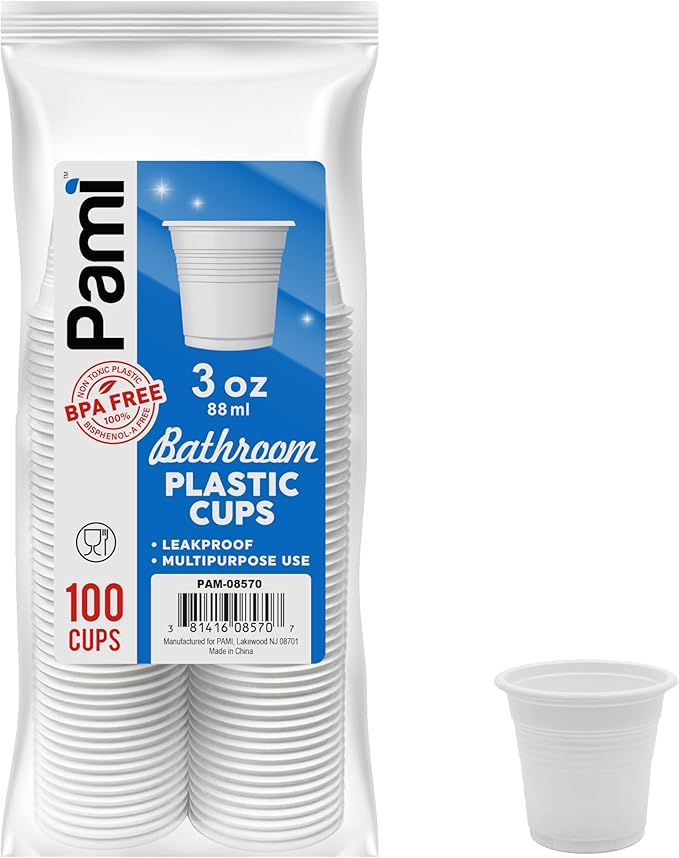 PAMI Plastic Bathroom Cups, 3oz [Pack of 100]- Disposable Mini Mouthwash Cups- Food-Safe & BPA-Free Rinse Cups- Multipurpose & Leakproof Stackable Bath Cups- Great for Medicine, Espresso, Shots