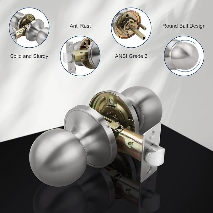 Knobonly 2 Pack Keyless Indoor Door Knob, Passage Door Knobs, Interior Door Knobs, Satin Nickel, Stainless Steel