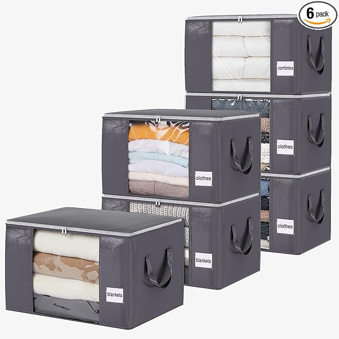 YGEOMER 6 Pack Heavy Duty Blanket Storage Bags Clothes Storage Foldable Closet Organizers Containers with Reinforced Handle for Clothing, Blanket, Comforters, Bed Sheets, Pillows and Toys, Grey 60L