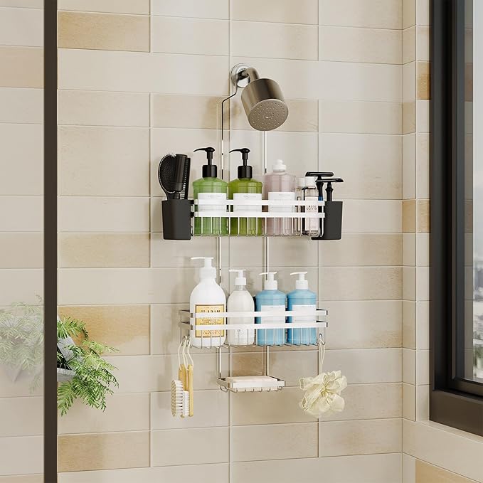 Shower Caddy Hanging for Bathroom Organizers and Storage, 3 Tier Adjustable Anti-Swing Shower Organizer Hanging with Heavy-Duty Suction Cups, Damage-Free Rustproof (Chrome)