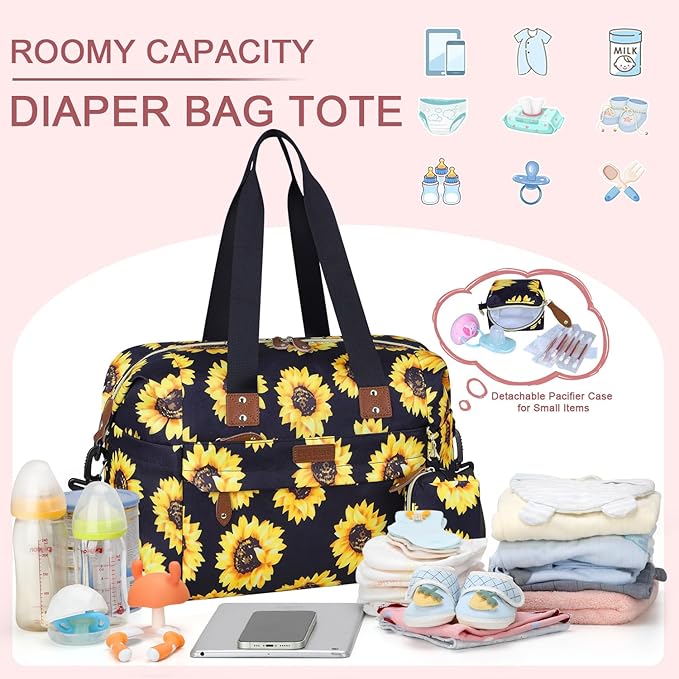 Pritent Diaper Bag Tote - Diaper Baby Bags with Pacifier Case, Shoulder Straps, Stroller Clips, Waterproof Large Mommy Maternity Travel Baby Bag for Mom and Dad, Sunflower, Medium