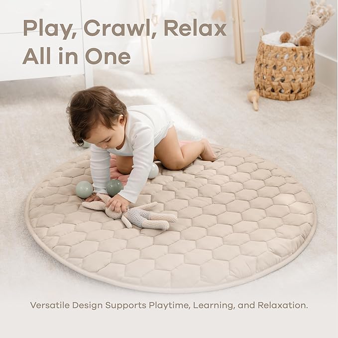 Comfy Cubs Round Kids Play Mat -Small 36 inches Soft Quilted Baby Floor Mat with Non-Slip Bottom - Plush Design for Toddlers' Playtime - Comfortable and Durable - Sand