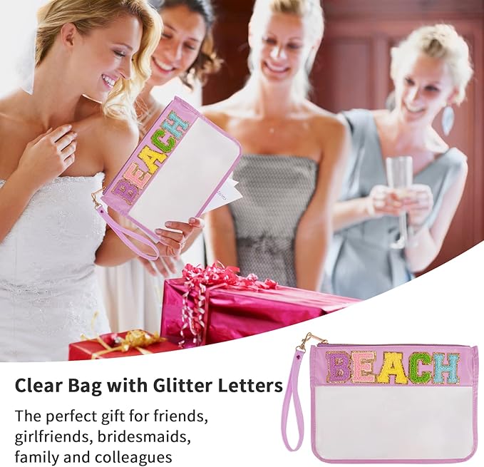 Iqimott Monogram Clear Letter Beach Bag Flat Pouch, Chenille Glitter Letter Patch Makeup Cosmetic Bag Zipper Toiletry Pouch, Portable Travel Beach Snack Wristlet Bags for Women Girls(Beach, Purple)