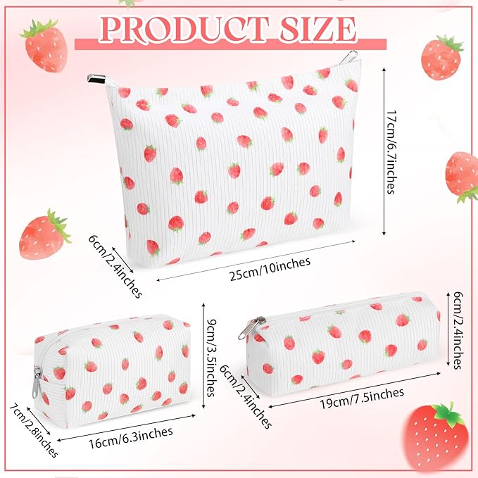 3 Pcs Makeup Bag Set for Women Corduroy Cosmetic Pouch Aesthetic Smile Travel Toiletry Bag Cute Purse Pouch Pencil Case Makeup Brushes Storage Organizer with Zipper(White,Strawberry)