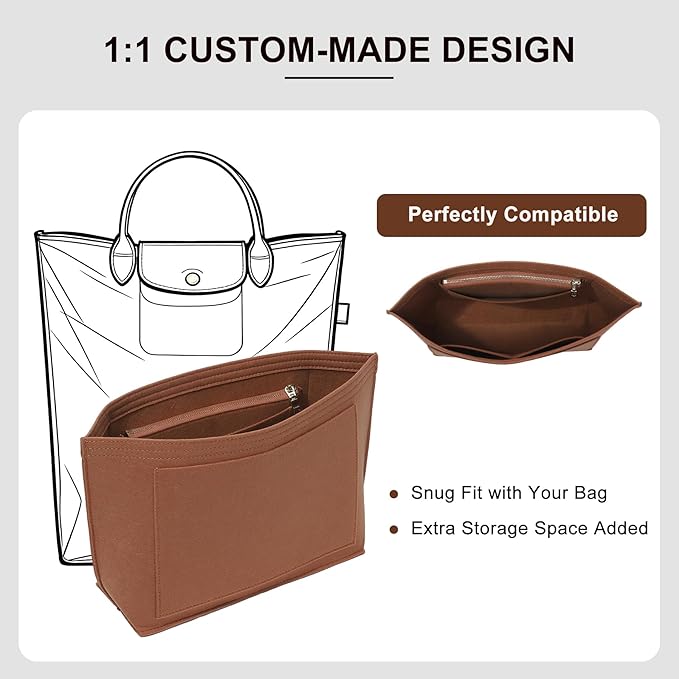 Premium Felt Purse Organizer Insert for Longchamp Le Pliage M Top Handle Tote Bag, Lighweight Long Champ Medium Tote Divider with Zipper Pocket,Bags Storage Shaper with 7 Pockets, Glod Brown/SM