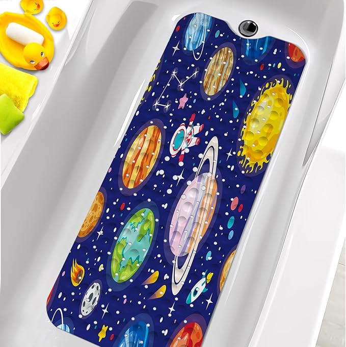 KINUUIS Bathtub Mats for Kids, Blue Outer Space Bath Mat for Tub Non Slip, 40 X 16 Inch Large Washable Bathtub Mat Non Slip for Showers with Drain Holes and Suction Cups