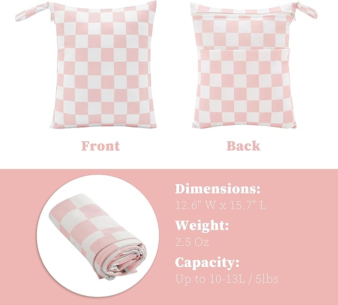 Ohocut Pink Checkered Waterproof Wet Dy Diaper Bag for Baby Essentials, Travel, Swimsuit, Beach Bag Accessories, Aesthetic Trendy Cute Toddler Baby Cloth Bag Pouch, Pack of 2