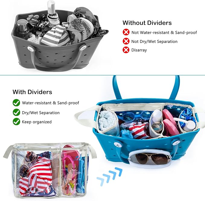 Clear Beach Bag Organizer Insert with 3pcs Accessories for Medium Bogg Bag Inserts -Beach Tote Bag Divider with Sunglasses Holder, Phone Holder and Clips Hooks - Beach Tote Insert Organizer Liner