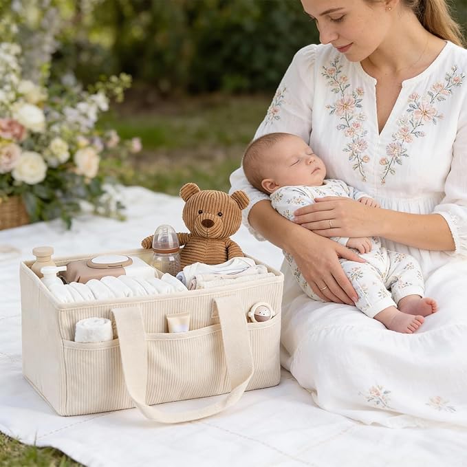 Baby Diaper Caddy Organizer with Portable Changing Mat-Portable Baby Organizers and Storage, Baby Essentials Organizer with Removable Dividers (Corduroy)