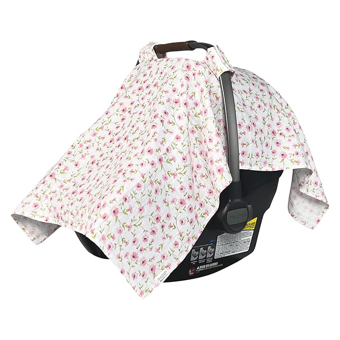 MOZAH Baby Car Seat Cover - Pink Floral Leaves - 100% Organic Muslin - Soft, Breathable and Lightweight, Baby Infant Car Seat Essentials