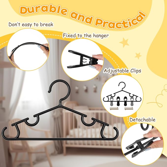 Hsei 5/10/40 Pack Baby Hangers with 10/20/80 Clips, Plastic Kids Pants Hangers for Nursery Closet Top and Bottom Clothes Hanger Set for Newborn Infant Toddler(30 Packs Total,Black,10.6 Inch)