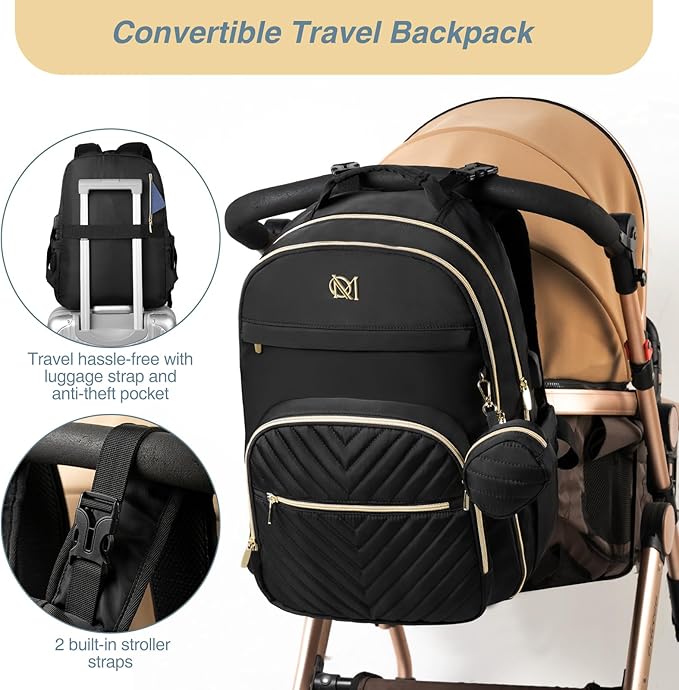 MOMUVO Diaper Bag Backpack, Quilted Baby Bag with Changing Pad & Stroller Straps & Pacifier Case, Large Travel Diaper Bags for Mom Dad, Black | with Changing Pad, Stroller Straps, Pacifier Case, Travel Diaper Bags