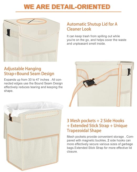 Car Trash Can with Lid, Cute Leakproof Car Trash Garbage Bag Hanging Vehicle Trash Bin Small Portable Automotive Garbage Cans Organizer for Back/Front Seat(Trapezoid,Ivory