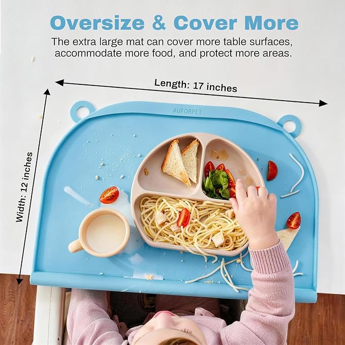 Large Silicone Suction Mat, 17" x 12" Thick Mats with Edge-Bumper, Raised Edge Leakproof, Non-Slip for Kids Toddler Baby Essentials Table Placemat, Restaurant Eating, Plates, Art, Craft & Painting