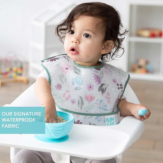 Bumkins Bibs for Girl or Boy, SuperBib Baby and Toddler for 6-24 Months, Essential Must Have for Eating, Feeding, Baby Led Weaning Supplies, Mess Saving Catch Food, Fabric 3-pk Floral and Lace
