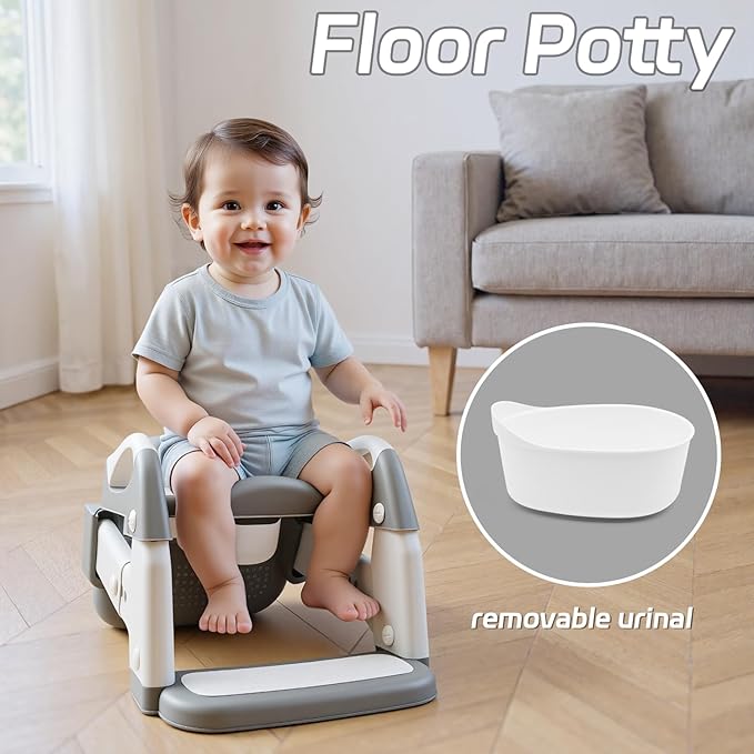 Snugzy Toddler Potty Training Seat 3-in-1 Foldable Potty Training Toilet with Step Stool Adjustable Potty Chair with Urinals (Grey)
