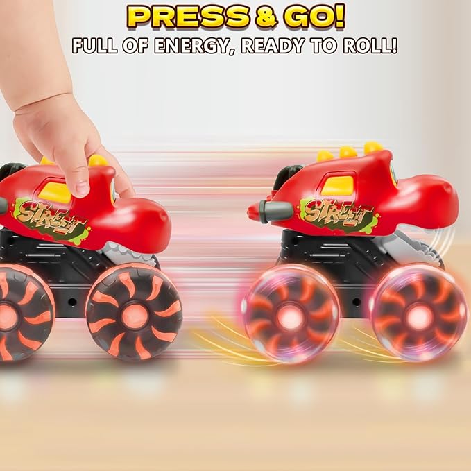 Intoypad Red Chomping Dino Monster Truck Toy – Press and Go Car with LED Light Wheels – Light-Up Push Car for Toddlers Boys Girls Ages 2 3 4 5 – Dinosaur Toy with Moving Mouth Action