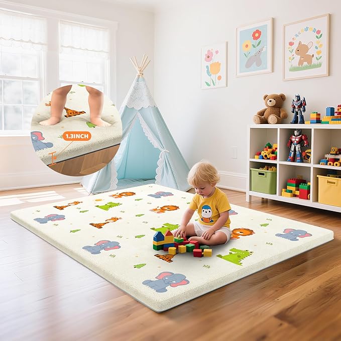 Omzer Baby Play Mat for Floor: Soft & Safe - 1.3'' Thick Foam Playpen Mat with Machine Washable Removable Cloth Cover for Tummy Time- Non Slip Crawling Pad for Toddler,Infant,Kids(Beige, 65''x 50'')