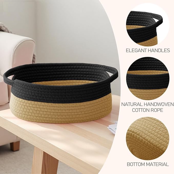 JMvicyroam Woven Basket,Small Rope Storage Bin with Handles & Ribbon Bag, Organizer for Shelves Closets,Gift Basket Empty for Birthday,Books,Dog Toys, Black&Jute