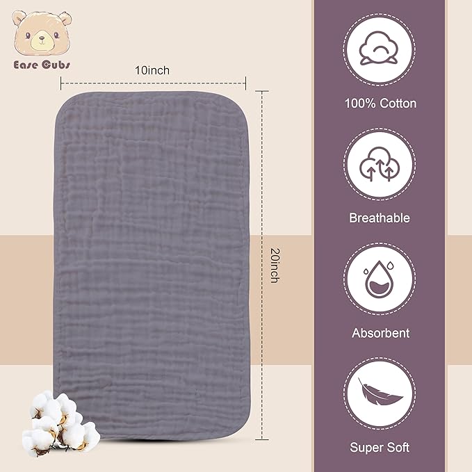 Ease Cubs Muslin Burp Cloths Large 100% Cotton Hand Washcloths for Boys & Girls, Baby Essentials Extra Absorbent and Soft Burping Rags for Newborn Registry (Grey, 12-Pack, 20" X10")