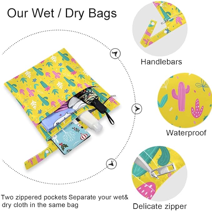 visesunny Colorful Cactus Floral 2Pcs Wet Bag with Zippered Pockets Washable Reusable Roomy for Travel,Beach,Pool,Daycare,Stroller,Diapers,Dirty Gym Clothes, Wet Swimsuits, Toiletries