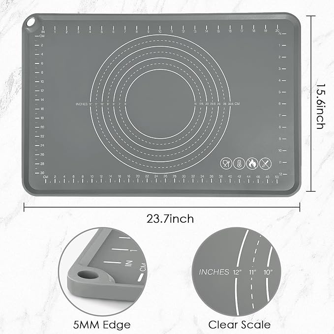 Silicone Pastry Mat 24" x 16" Baking Mat with Measurements and Edge Heightening, Thick Non-slip Food Grade Silicone Pad for Countertop Rolling Kneading Dough, Bread, Cookies,Pizza, Fondant,Dark Gray