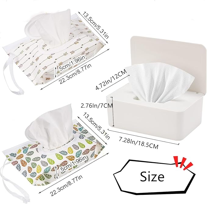 Wipe Dispenser White,Reusable Flushable Wipe Holder Set with 2Pcs Refillable Portable Wipe Bag for Baby Adult Bathroom,Wipe Container with Lids Keeps Wipes Fresh,Baby Shower New Mom Gifts