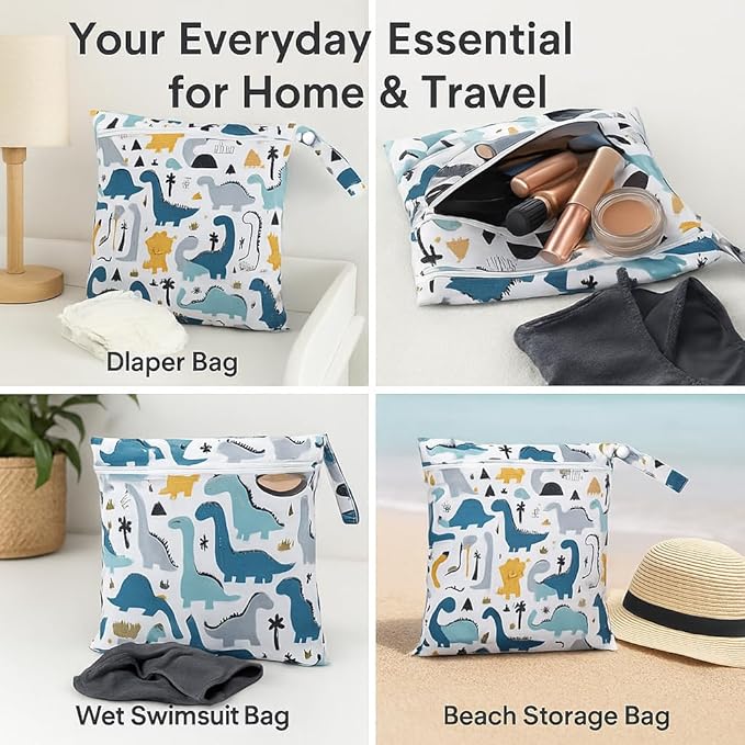 FANALALA Waterproof Wet Dry Bag, Reusable Diaper Pouch with Zipper, Machine Washable Travel Organizer for Beach, Daycare, Kids, Dinosaur Pattern (White Dino)
