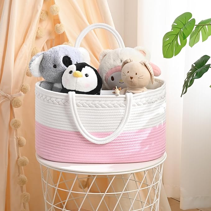 19L Baby Diaper Caddy Organizer, 16.8"x9.8"x9" Cotton Rope Diaper Basket, Changing Table Storage Caddy With Removable Divider, Baby Basket for Nursery, Car, Diapers, Baby Shower Gifts for Newborn