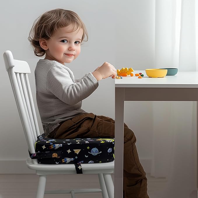 Toddler Booster Seat for Dining Table, Waterproof Kids Booster Seat for Kitchen Chair, High Density Foam Cushion with Non-Slip Bottom, Washable Cover & Adjustable Straps (Black Starry Sky)