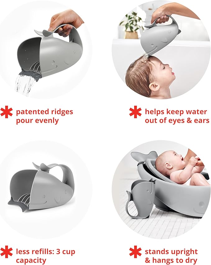 Skip Hop Baby Bath Rinse Cup, Moby Tear-Free Waterfall Rinser, Grey & Baby Bath Spout Cover, Universal Fit, Moby, Grey