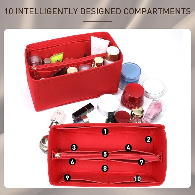 Doxo Purse Organizer Insert for Handbags & Base Shaper 2pc Set with Zipper, Felt Bag Organizer for Tote, Purse Organizer for LV Speedy 25, Neverfull PM, Le Pliage S Handbag and More(Red-006)