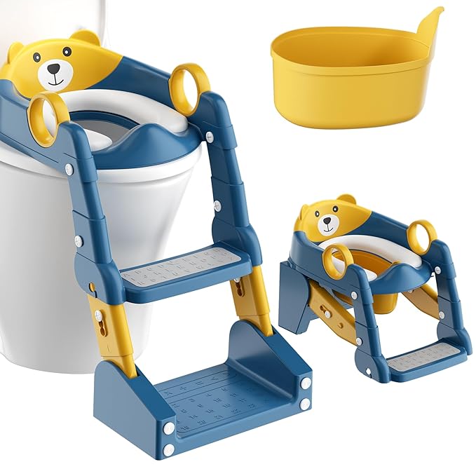 Potty Training Seat, 2-in-1 Toddler Toilet Training Seat & Potty Chair for Kids Boys Girls, Height Adjustable Toilet Seat with Splash Guard, Stable Wide Base Design, Anti-Slip Steps Stool