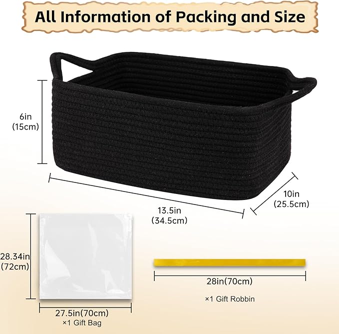 OIAHOMY Woven Basket, Gift Basket Empty with Gift Bags and Ribbons, Rope Baskets for Baby Showers, Storage Baskets with Handles for Nursery, Pet Toy Organizer- Black