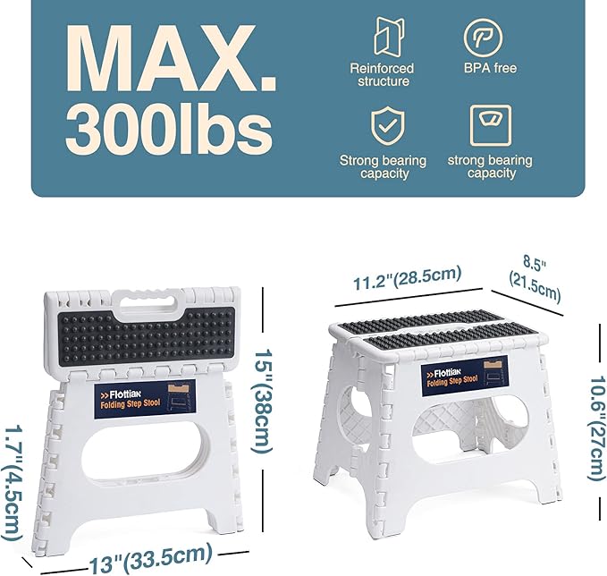 Flottian 11" Folding Step Stool for Adults and Kids Holds Up to 300 lbs,Non-Slip Folding Stools with Portable Handle, Compact Plastic Foldable Step Stool for Bathroom,Bedroom, Kitchen, White,1PC