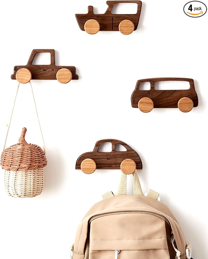 Kids Coat Hooks Wall Mount, Walnut Car-Shaped Coat Rack Heavy Duty for Bathrooms,Kids’ Room,Door,Nursery,Entryway, 4 Pack Wood Wall Hooks for Hanging Hats,Backpacks,Towels,Keys&Clothes