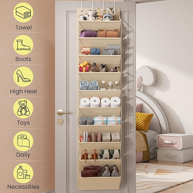 Mefirt 10 Tier Clear Over the Door Shoe Organizer with Deep Pockets, Door Shoes Rack with Hard Tube to Keep the Shape, Hanging Shoe Rack for Closet Organizers & Storage, Behind Door Shoe Holder Beige