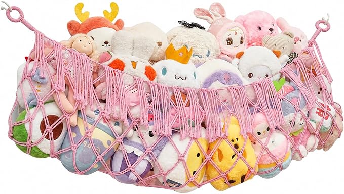 Stuffed Animal Net Hammock, Premium Cotton Hand-knitted plush hammock, Save space Eliminate Clutter Boho Stuffed Animal Storage with for Nursery, Bedroom Decor - Light pink