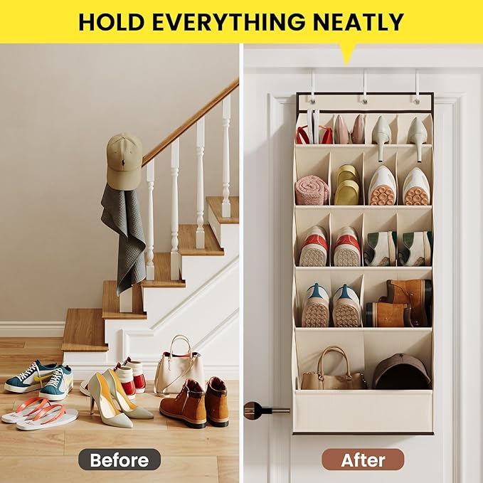 Mefirt Over the Door Shoe Rack with Large Deep Pockets, Door Shoes Organizer for Closet, Hanging Boots Shoe Rack, Behind the Door Narrow Shoe Holder, Multiple Pockets for Flexible Storage, Beige ﻿