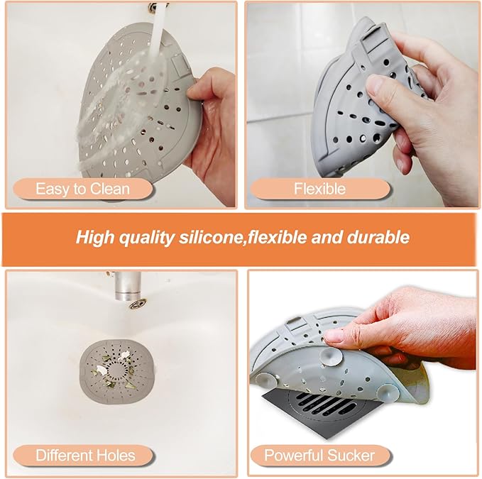 Hair Drain Catcher,Square Drain Cover for Shower Silicone Hair Stopper with Suction Cup,Easy to Install Suit for Bathroom,Bathtub,Kitchen 2 Pack (Light White Grey)