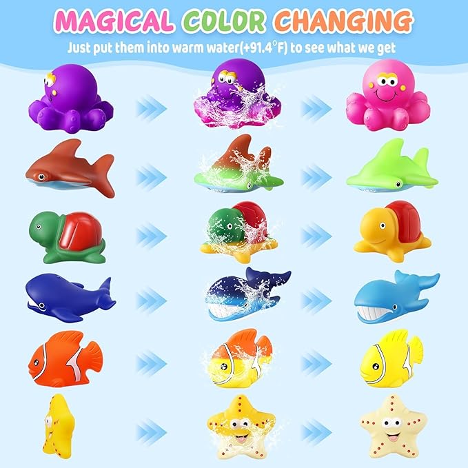 Toddler Valentines Day Gifts Color Changing No Hole Bath Toys for Kids Ages 1-3 4-8, Toddler Bath Toys Sea Creatures Birthday Valentines Gifts Pool Bathub Beach Water Toys Sea Animal with Drying Bag