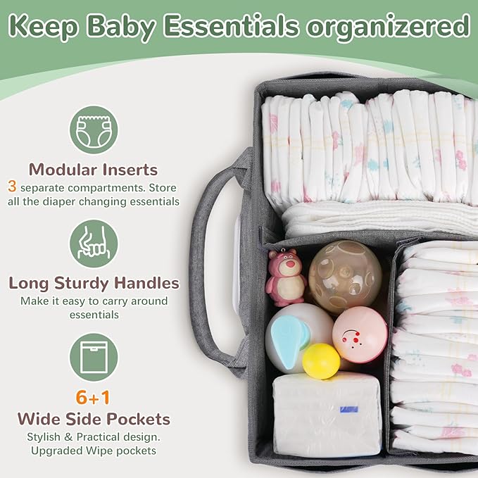 Volnamal Premium Diaper Caddy with Smart Side Wipes Pocket, Diaper Organizer, Portable Car Organizer & Nursery Basket for Newborn Essentials, Perfect Registry Must Haves for Boys & Girls, Grey