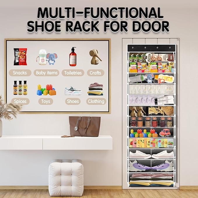 Kotkn Over The Door Shoe Organizer with 12 Large Breathable Pockets - Heavy Duty Hanging Storage for Adult, Kids & Baby Shoes - Black
